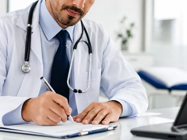 Médico de jaleco branco escrevendo prontuário