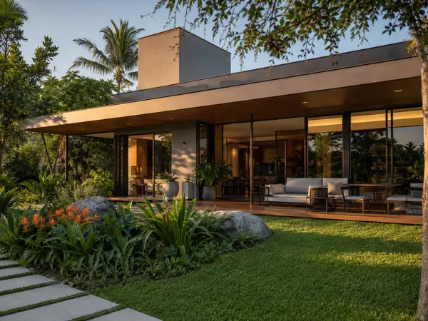 Residência com jardim iluminada pela luz natural