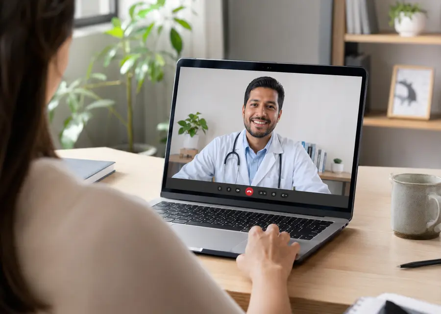 Médico atendendo paciente por vídeo-consulta no notebook